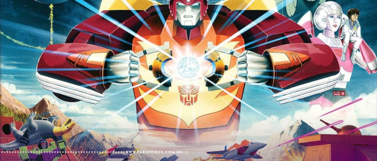 Recorte da capa do filme Transformers The Movie de 1986. Rodimus Prime abre o ALL SPARK com as duas mãos no centro da imagem. Na parte inferior, a marca d'água do site www.farofeiros.com.br