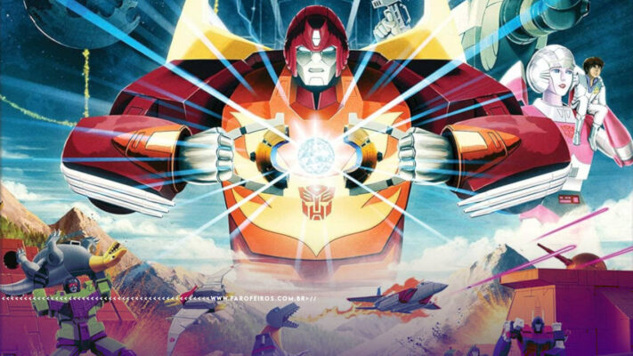 Recorte da capa do filme Transformers The Movie de 1986. Rodimus Prime abre o ALL SPARK com as duas mãos no centro da imagem. Na parte inferior, a marca d'água do site www.farofeiros.com.br