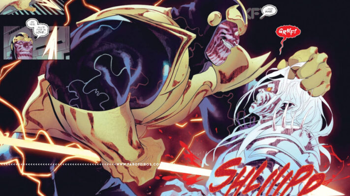 Thanos segura a cabeça de Knull pelos cabelos enquanto enfia sua lança potente e brilhante recitando o ditado que tudo valeria no amor e na guerra. Na parte inferior, a marca d'água do site www.farofeiros.com.br