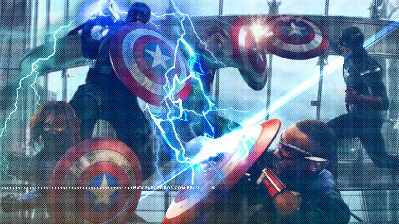 Montagem com diversas versões do Capitão América dos cinemas lutando, Um deles, com o martelo do Thor, distribui raios por toda a imagem. Na parte inferior, a marca d'água do site www.farofeiros.com.br