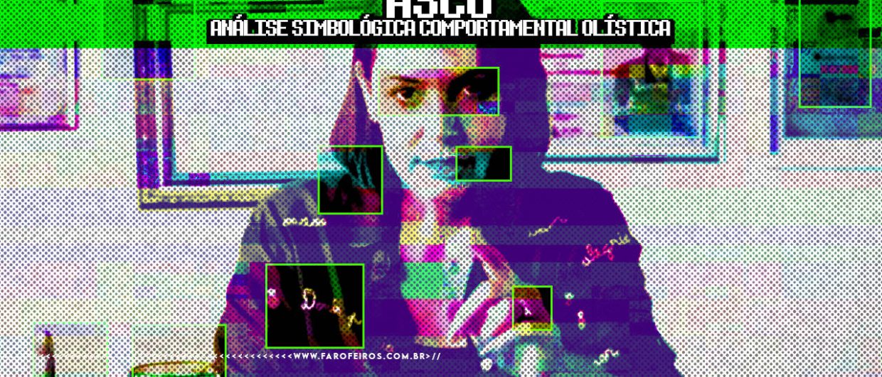 Thumbnail do conteúdo "ASCO – Análise Simbológica Comportamental Olística". A imagem apresenta uma mulher em close, com tratamento visual glitch e paleta psicodélica nas cores verde néon, roxo, magenta e ciano. Retângulos verdes com aparência de marcadores de reconhecimento facial estão sobrepostos em diferentes partes do rosto e corpo da pessoa. O fundo também está distorcido com o mesmo efeito de corrupção de imagem. O título "ASCO" aparece em letras brancas maiúsculas no topo, com o subtítulo "Análise Simbológica Comportamental Olística" logo abaixo. Na parte inferior, a marca d'água do site www.farofeiros.com.br.