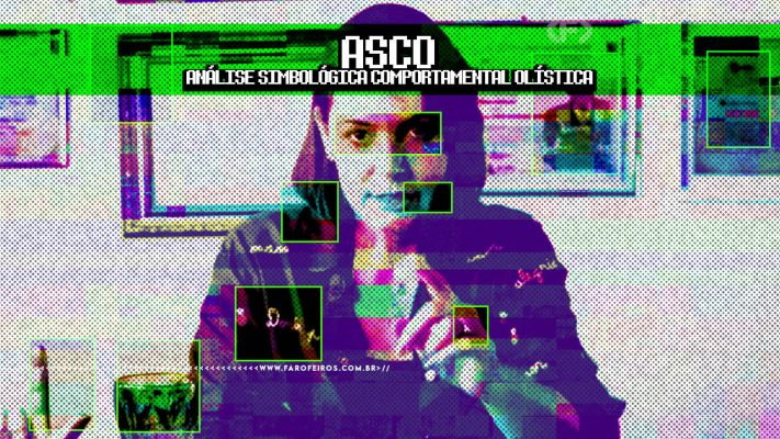 Thumbnail do conteúdo "ASCO – Análise Simbológica Comportamental Olística". A imagem apresenta uma mulher em close, com tratamento visual glitch e paleta psicodélica nas cores verde néon, roxo, magenta e ciano. Retângulos verdes com aparência de marcadores de reconhecimento facial estão sobrepostos em diferentes partes do rosto e corpo da pessoa. O fundo também está distorcido com o mesmo efeito de corrupção de imagem. O título "ASCO" aparece em letras brancas maiúsculas no topo, com o subtítulo "Análise Simbológica Comportamental Olística" logo abaixo. Na parte inferior, a marca d'água do site www.farofeiros.com.br.
