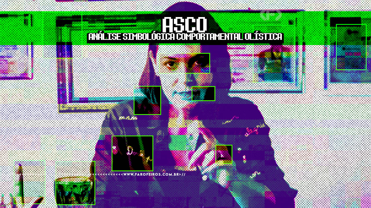Thumbnail do conteúdo "ASCO – Análise Simbológica Comportamental Olística". A imagem apresenta uma mulher em close, com tratamento visual glitch e paleta psicodélica nas cores verde néon, roxo, magenta e ciano. Retângulos verdes com aparência de marcadores de reconhecimento facial estão sobrepostos em diferentes partes do rosto e corpo da pessoa. O fundo também está distorcido com o mesmo efeito de corrupção de imagem. O título "ASCO" aparece em letras brancas maiúsculas no topo, com o subtítulo "Análise Simbológica Comportamental Olística" logo abaixo. Na parte inferior, a marca d'água do site www.farofeiros.com.br.