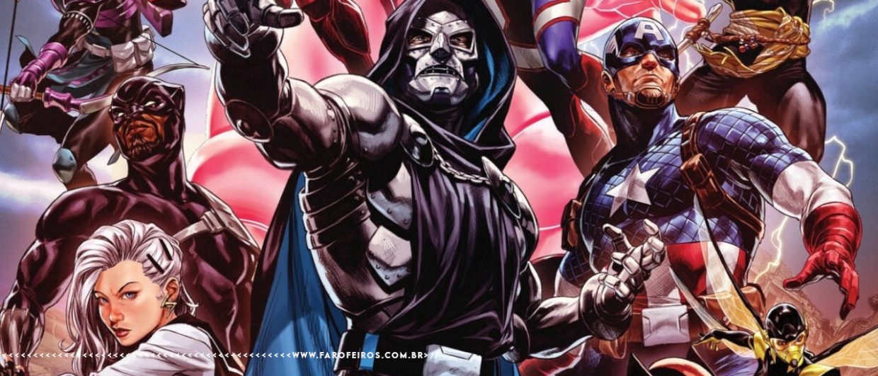 Capa de Ultimate Endgame com os novos heróis do novo Universo Ultimate. Na parte inferior, a marca d'água do site www.farofeiros.com.br.