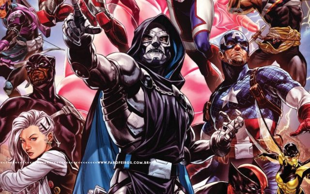 Capa de Ultimate Endgame com os novos heróis do novo Universo Ultimate. Na parte inferior, a marca d'água do site www.farofeiros.com.br.