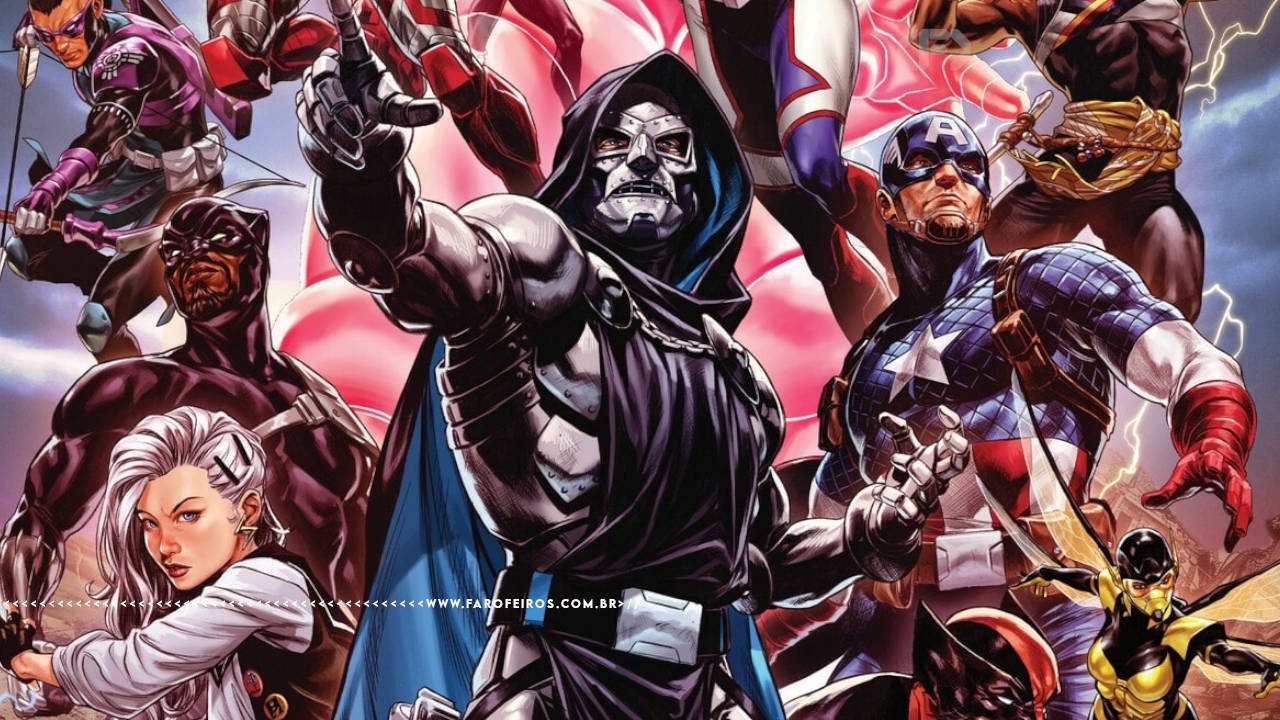 Capa de Ultimate Endgame com os novos heróis do novo Universo Ultimate. Na parte inferior, a marca d'água do site www.farofeiros.com.br.