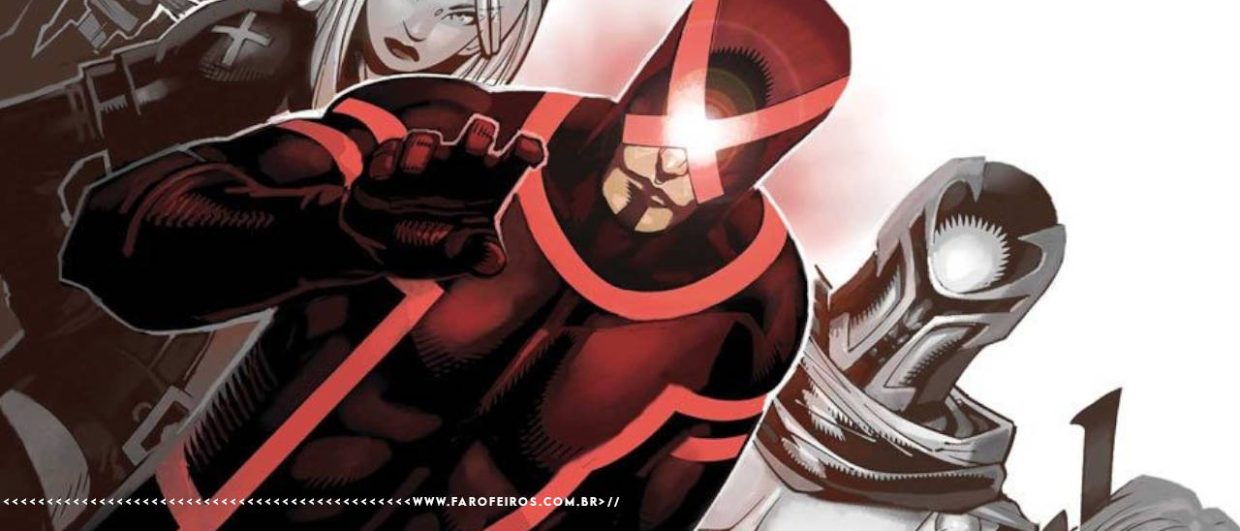 Ciclope à frente dos X-Men em seu uniforme preto com marcas e um X vermelho no lugar do visor avança em direção do espectador com a mão estendida. Na parte inferior, a marca d'água do site www.farofeiros.com.br