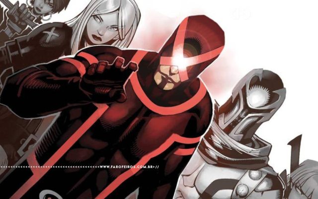 Ciclope à frente dos X-Men em seu uniforme preto com marcas e um X vermelho no lugar do visor avança em direção do espectador com a mão estendida. Na parte inferior, a marca d'água do site www.farofeiros.com.br