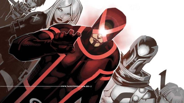 Ciclope à frente dos X-Men em seu uniforme preto com marcas e um X vermelho no lugar do visor avança em direção do espectador com a mão estendida. Na parte inferior, a marca d'água do site www.farofeiros.com.br