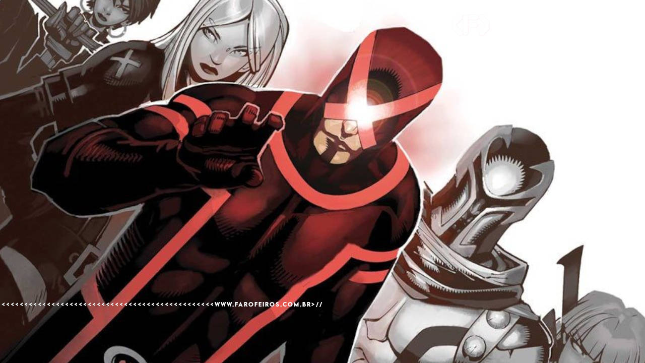 Ciclope à frente dos X-Men em seu uniforme preto com marcas e um X vermelho no lugar do visor avança em direção do espectador com a mão estendida. Na parte inferior, a marca d'água do site www.farofeiros.com.br