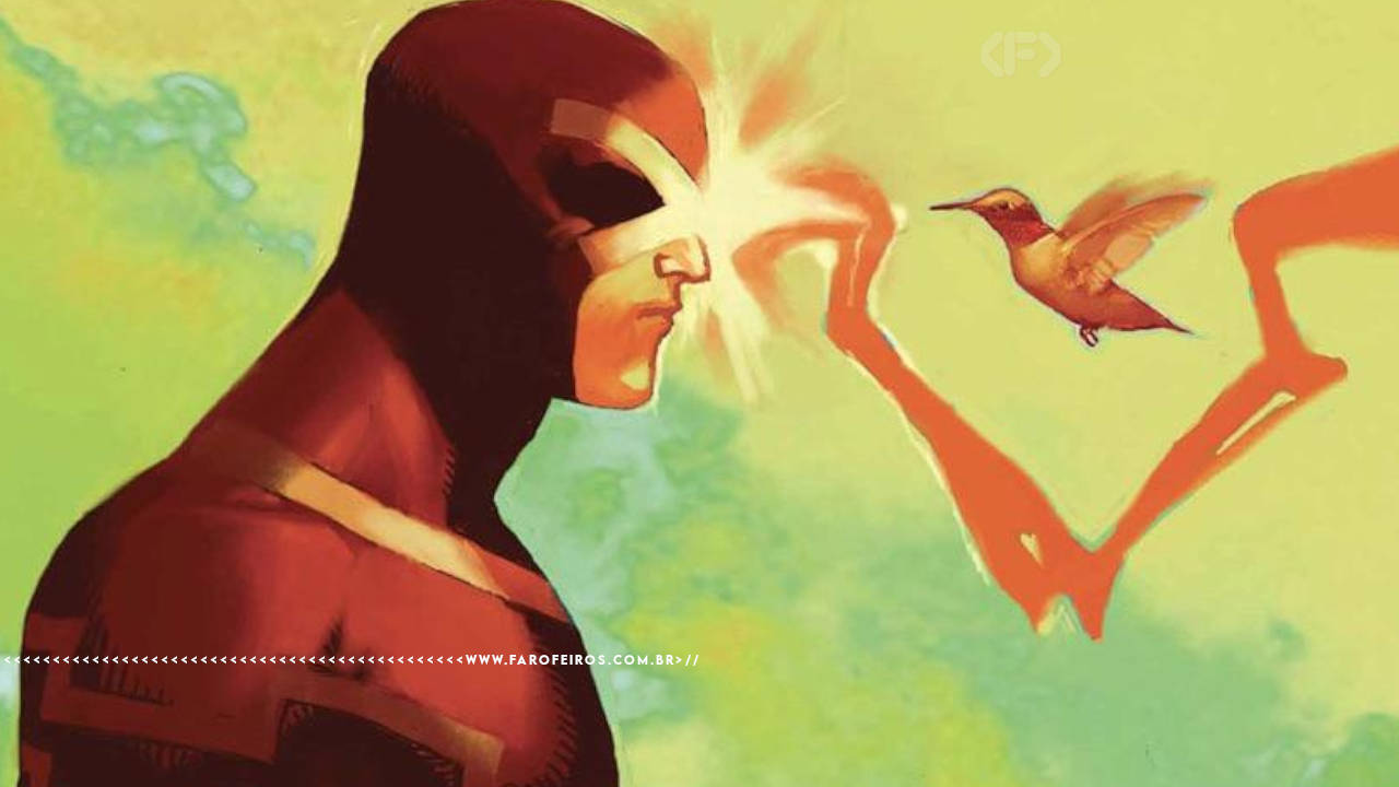 Ciclope à frente dos X-Men em seu uniforme preto com marcas e um X vermelho no lugar do visor solta um raio de desvia de um beija-flor. Na parte inferior, a marca d'água do site www.farofeiros.com.br