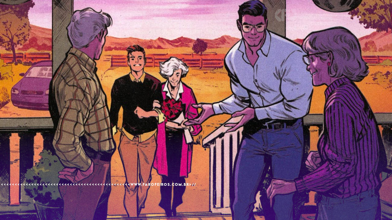 Clark Kent recebe Tia May e Peter Parker na fazenda de seus pais em Smallvile. Na parte inferior, a marca d'água do site www.farofeiros.com.br
