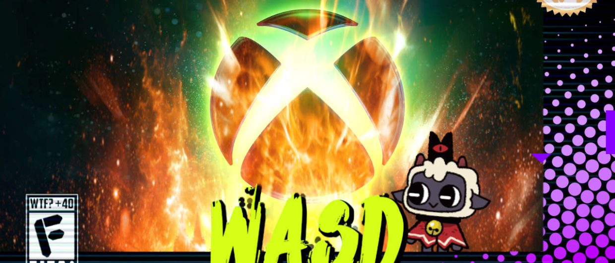 Capa do WASD podcast mostrando um logo do XBOX pegando fogo com a ovelha de Cult of the Lamb olhando sorrindo para a situação. Na parte inferior, o título "WASD" em letras verde fluorescentes com tinta pingando, sobre o endereço farofeiros.com.br. No canto inferior esquerdo, classificação indicativa paródica "WTF? +40" e " F" e "EITA!". No canto superior direito, o logotipo do Farofeiros em dourado. À direita, painel decorativo preto com bolinhas roxas em estilo retro como se fosse a caixa de um jogo de Super Nintendo.