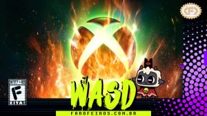 Capa do WASD podcast mostrando um logo do XBOX pegando fogo com a ovelha de Cult of the Lamb olhando sorrindo para a situação. Na parte inferior, o título "WASD" em letras verde fluorescentes com tinta pingando, sobre o endereço farofeiros.com.br. No canto inferior esquerdo, classificação indicativa paródica "WTF? +40" e " F" e "EITA!". No canto superior direito, o logotipo do Farofeiros em dourado. À direita, painel decorativo preto com bolinhas roxas em estilo retro como se fosse a caixa de um jogo de Super Nintendo.