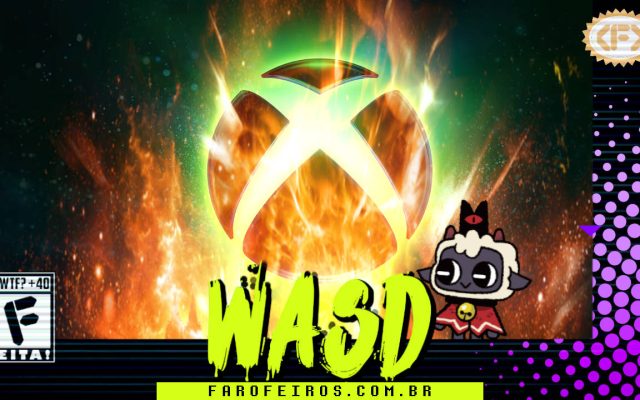 Capa do WASD podcast mostrando um logo do XBOX pegando fogo com a ovelha de Cult of the Lamb olhando sorrindo para a situação. Na parte inferior, o título "WASD" em letras verde fluorescentes com tinta pingando, sobre o endereço farofeiros.com.br. No canto inferior esquerdo, classificação indicativa paródica "WTF? +40" e " F" e "EITA!". No canto superior direito, o logotipo do Farofeiros em dourado. À direita, painel decorativo preto com bolinhas roxas em estilo retro como se fosse a caixa de um jogo de Super Nintendo.