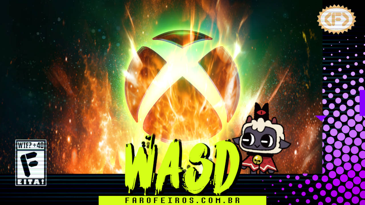Capa do WASD podcast mostrando um logo do XBOX pegando fogo com a ovelha de Cult of the Lamb olhando sorrindo para a situação. Na parte inferior, o título "WASD" em letras verde fluorescentes com tinta pingando, sobre o endereço farofeiros.com.br. No canto inferior esquerdo, classificação indicativa paródica "WTF? +40" e " F" e "EITA!". No canto superior direito, o logotipo do Farofeiros em dourado. À direita, painel decorativo preto com bolinhas roxas em estilo retro como se fosse a caixa de um jogo de Super Nintendo.