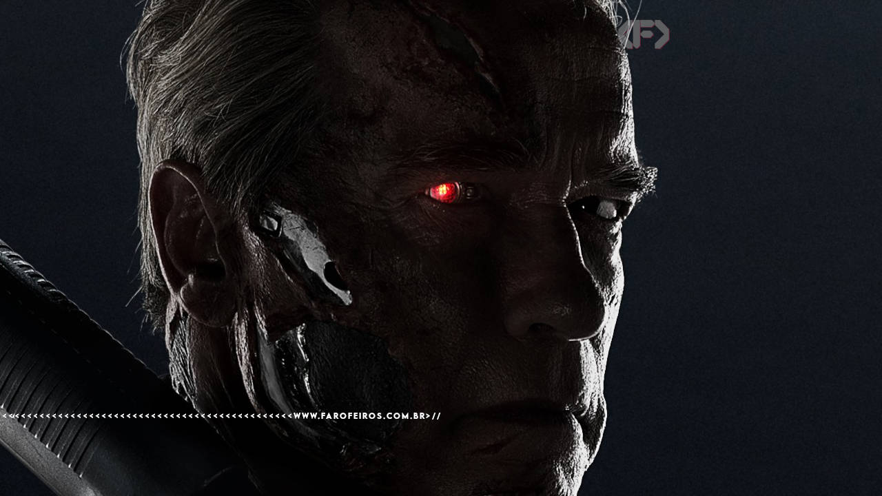 Detalhe do filme Exterminador do Futuro com close-up no rosto de Arnold envelhecido e danificado - Um dos olhos está vermelho. Na parte inferior, a marca d'água do site www.farofeiros.com.br.
