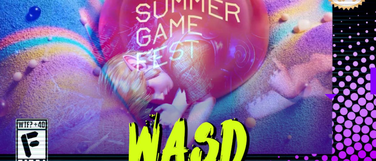 Capa do WASD podcast mostrando o logotipo da Summer Game Fest 2026 com a imagem do jovem Link, de Zelda: Ocarina of Time, deitado dormindo tranquilamente. Na parte inferior, o título "WASD" em letras verde fluorescentes com tinta pingando, sobre o endereço farofeiros.com.br. No canto inferior esquerdo, classificação indicativa paródica "WTF? +40" e " F" e "EITA!". No canto superior direito, o logotipo do Farofeiros em dourado. À direita, painel decorativo preto com bolinhas roxas em estilo retro como se fosse a caixa de um jogo de Super Nintendo.