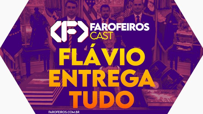 Capa do episódio 76 do Farofeiros Cast em um hexágono roxo e bordas brancas. No centro, o título do episódio em letras grandes amarelas e laranja: "FLÁVIO ENTREGA TUDO". Ao fundo se pode ver em tons de roxo com alto contraste a foto oficial da visita de Eduardo Bolsonaro, Flávio Bolsonaro, o neto de ditador e Donald Trump sentado, sorrindo de maneira esquisita. Na faixa inferior o endereço farofeiros.com.br.