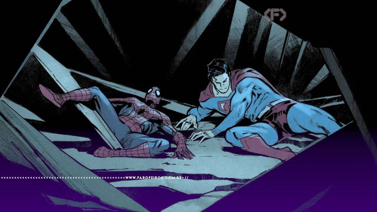 Homem Aranha e Superman caídos presos em uma câmara escura. Na parte inferior, a marca d'água do site www.farofeiros.com.br