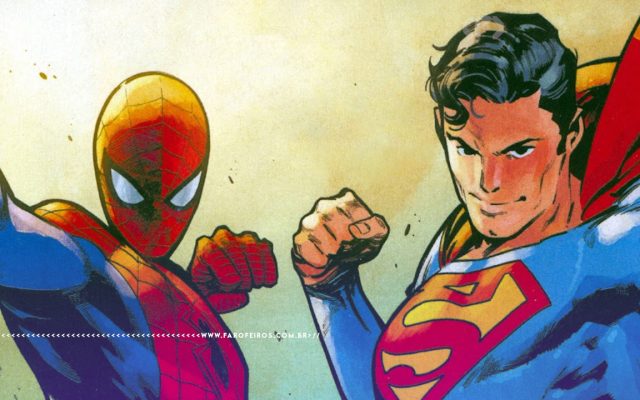 Homem Aranha e Superman erguem seus punhos como se fosse dar um soco do espectador. Na parte inferior, a marca d'água do site www.farofeiros.com.br