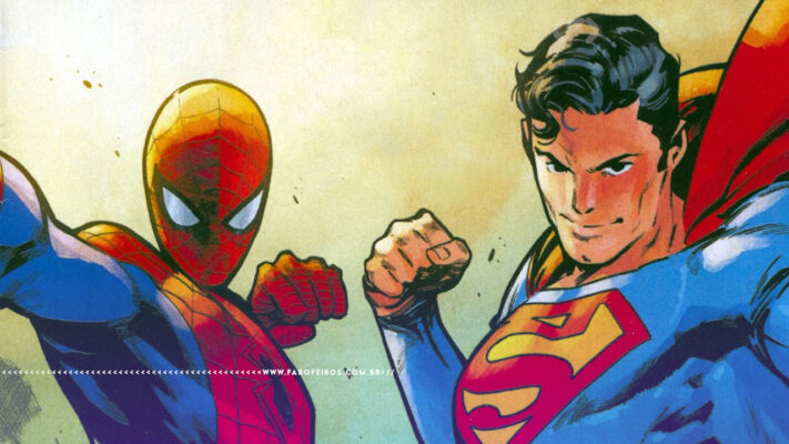 Homem Aranha e Superman erguem seus punhos como se fosse dar um soco do espectador. Na parte inferior, a marca d'água do site www.farofeiros.com.br