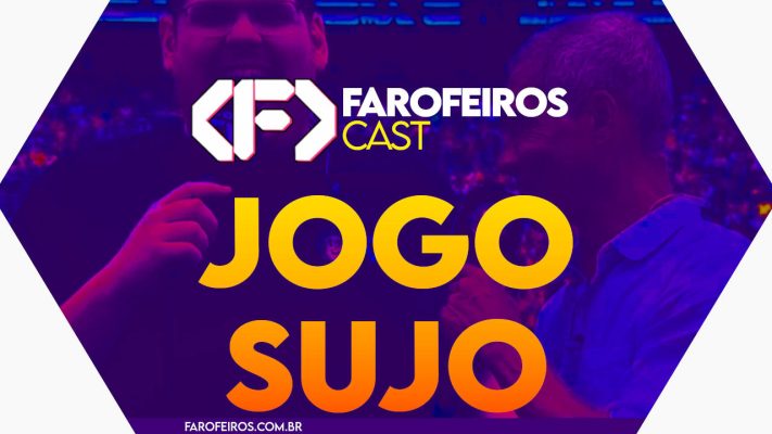 Capa do episódio 74 do Farofeiros Cast em um hexágono roxo e bordas brancas. No centro, o título do episódio em letras grandes amarelas e laranja: "JOGO SUJO". Ao fundo se pode ver uma silhueta alta e de óculos sorrindo de frente para o espectador e outra figura mais baixa, negra, de perfil. ambos parecem falar ao microfone de maneira sorridente. Na faixa inferior o endereço farofeiros.com.br.