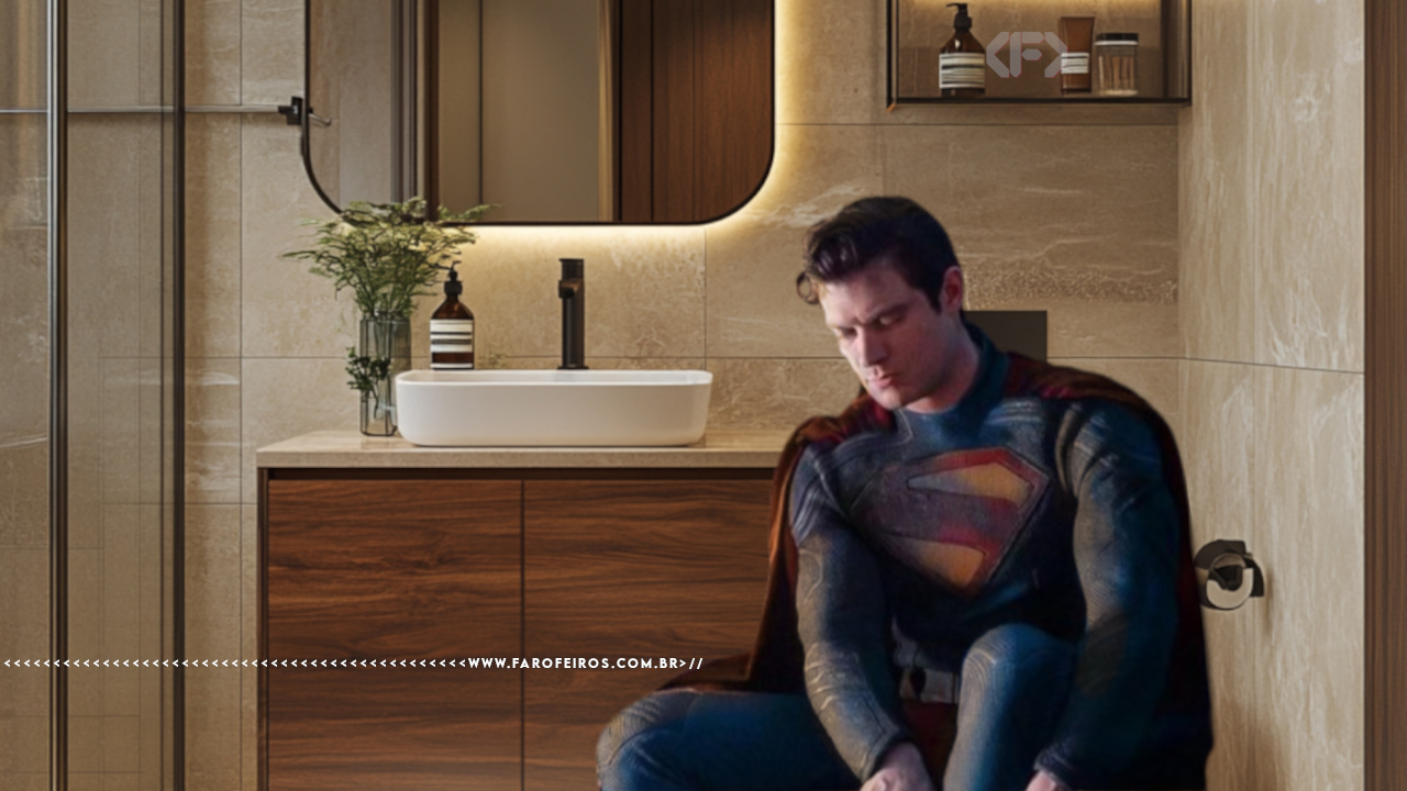Montagem do Superman do filme sentado em um banheiro bem iluminado com cores amareladas. Na parte inferior, a marca d'água do site www.farofeiros.com.br