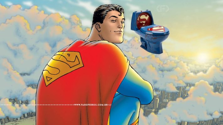 Montagem do Superman sentado em meio à nuvens com uma privada fantasiada de Superman voando à sua frente. Na parte inferior, a marca d'água do site www.farofeiros.com.br
