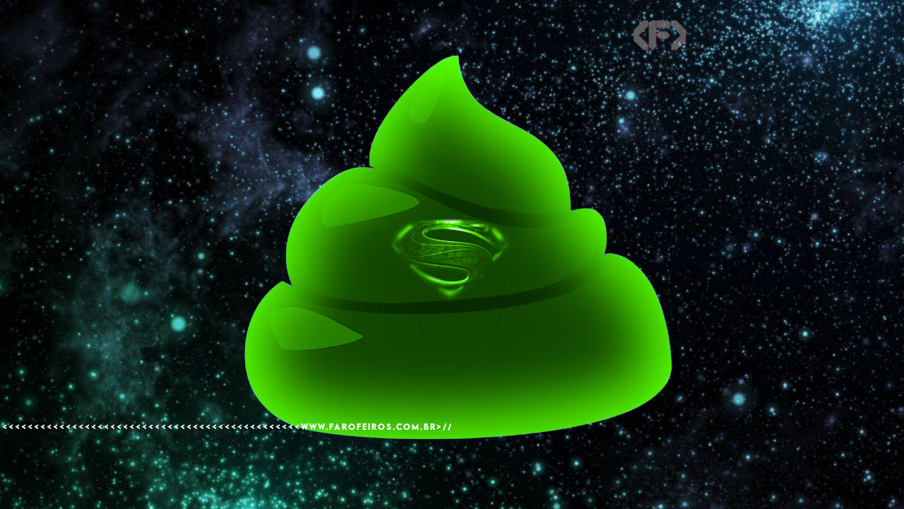 Montagem do cocô do Superman verde flutuando no espaço com o símbolo do S no meio. Na parte inferior, a marca d'água do site www.farofeiros.com.br