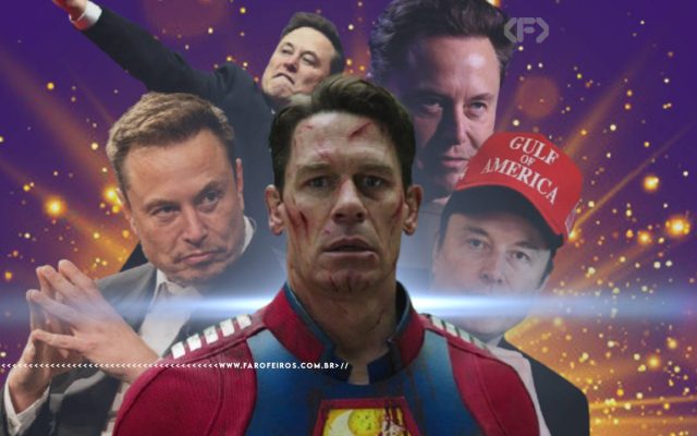Montagem mostrando John Cena como Pacificador machucado e assustado ao centro - ao fundo diversas imagens recortadas de Elon Musk fazendo caras estranhas à frente de um fundo roxo com explosão amarela. Na parte inferior, a marca d'água do site www.farofeiros.com.br