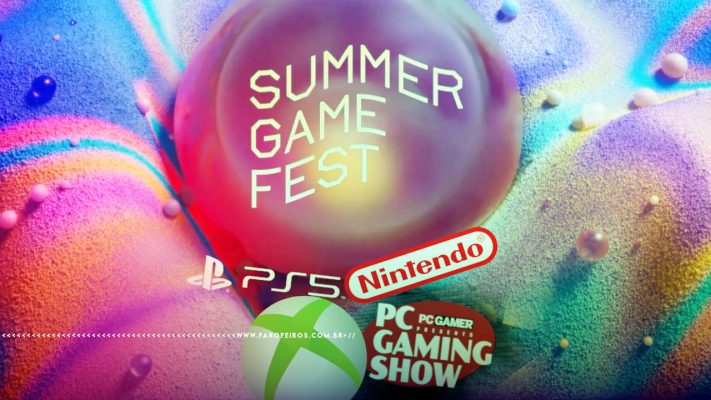 Montagem com logo tipos, em destaque ao centro o da Summer Game Fest e abaixo pode se ver as logos do PS5, da Nintendo, do Xbox e o PC Gaming Show. Na parte inferior, a marca d'água do site www.farofeiros.com.br