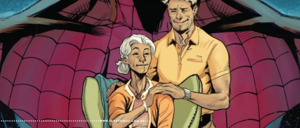Tia May sentada em uma poltrona olhando para Tio Ben atrás dela de pé - ao fundo o peitoral do Homem Aranha. Na parte inferior, a marca d'água do site www.farofeiros.com.br