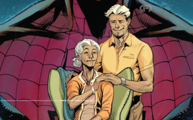 Tia May sentada em uma poltrona olhando para Tio Ben atrás dela de pé - ao fundo o peitoral do Homem Aranha. Na parte inferior, a marca d'água do site www.farofeiros.com.br