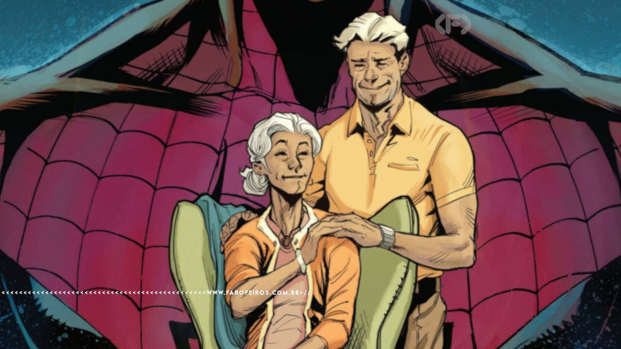 Tia May sentada em uma poltrona olhando para Tio Ben atrás dela de pé - ao fundo o peitoral do Homem Aranha. Na parte inferior, a marca d'água do site www.farofeiros.com.br
