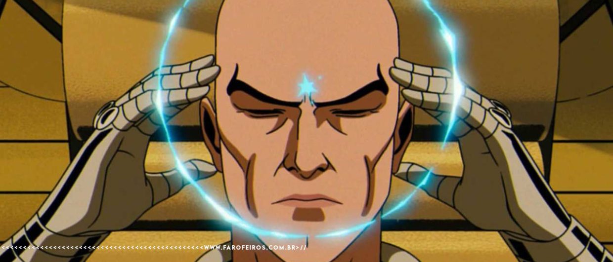 Professor X dos X-Men de olhos fechados utiliza seus poderes mentais com as pontas dos dedos em suas têmporas. Na parte inferior, a marca d'água do site www.farofeiros.com.br