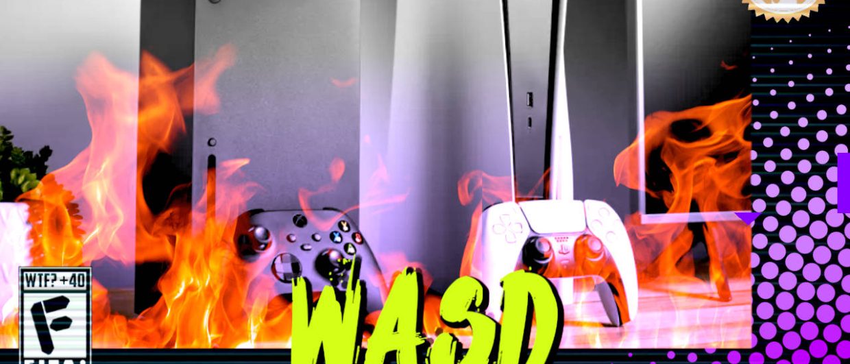 Capa do WASD podcast mostrando um XBOX e um PS5 com seus respectivos controles com um filtro roxo. Por cima dessa imagem foi colocado uma imagem de chamas avermelhadas. Na parte inferior, o título "WASD" em letras verde fluorescentes com tinta pingando, sobre o endereço farofeiros.com.br. No canto inferior esquerdo, classificação indicativa paródica "WTF? +40" e " F" e "EITA!". No canto superior direito, o logotipo do Farofeiros em dourado. À direita, painel decorativo preto com bolinhas roxas em estilo retro como se fosse a caixa de um jogo de Super Nintendo.