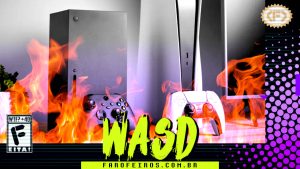 Capa do WASD podcast mostrando um XBOX e um PS5 com seus respectivos controles com um filtro roxo. Por cima dessa imagem foi colocado uma imagem de chamas avermelhadas. Na parte inferior, o título "WASD" em letras verde fluorescentes com tinta pingando, sobre o endereço farofeiros.com.br. No canto inferior esquerdo, classificação indicativa paródica "WTF? +40" e " F" e "EITA!". No canto superior direito, o logotipo do Farofeiros em dourado. À direita, painel decorativo preto com bolinhas roxas em estilo retro como se fosse a caixa de um jogo de Super Nintendo.