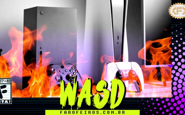 Capa do WASD podcast mostrando um XBOX e um PS5 com seus respectivos controles com um filtro roxo. Por cima dessa imagem foi colocado uma imagem de chamas avermelhadas. Na parte inferior, o título "WASD" em letras verde fluorescentes com tinta pingando, sobre o endereço farofeiros.com.br. No canto inferior esquerdo, classificação indicativa paródica "WTF? +40" e " F" e "EITA!". No canto superior direito, o logotipo do Farofeiros em dourado. À direita, painel decorativo preto com bolinhas roxas em estilo retro como se fosse a caixa de um jogo de Super Nintendo.