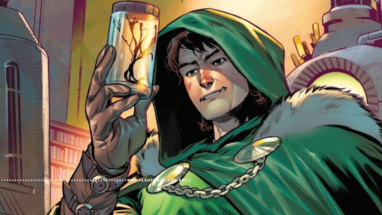 Victor Von Doom com um frasco com o Criador. Na parte inferior, a marca d'água do site www.farofeiros.com.br.