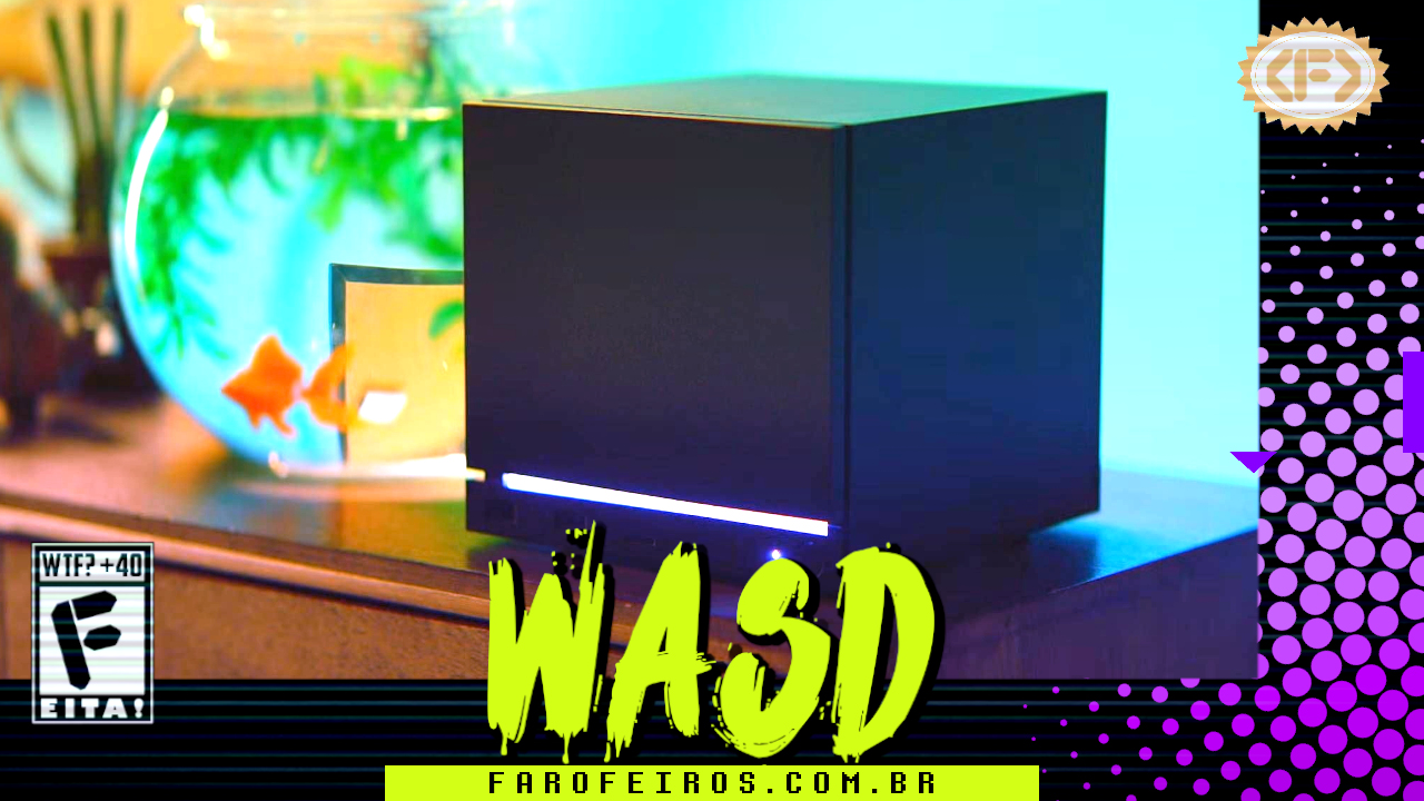 Capa do WASD podcast mostrando um Steam Machine em cima de um móvel em uma sala bem iluminada azul. Na parte inferior, o título "WASD" em letras verde fluorescentes com tinta pingando, sobre o endereço farofeiros.com.br. No canto inferior esquerdo, classificação indicativa paródica "WTF? +40" e " F" e "EITA!". No canto superior direito, o logotipo do Farofeiros em dourado. À direita, painel decorativo preto com bolinhas roxas em estilo retro como se fosse a caixa de um jogo de Super Nintendo.