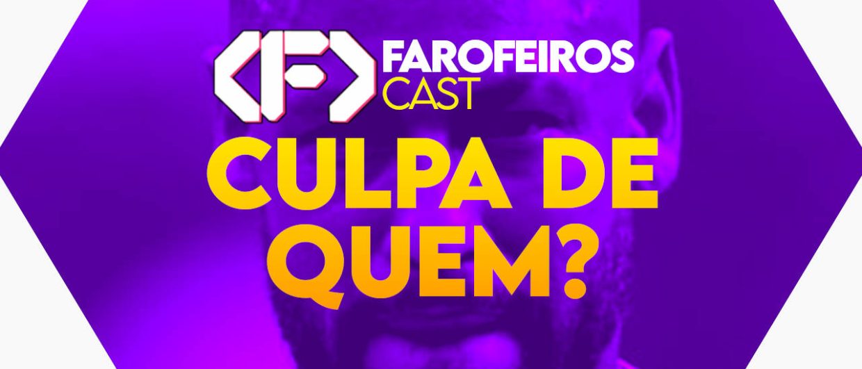 Capa do episódio 77 do Farofeiros Cast em um hexágono roxo e bordas brancas. No centro, o título do episódio em letras grandes amarelas e laranja: "CULPA DE QUEM?". Ao fundo se pode ver em tons de roxo com alto contraste foto em close up de Neymar chorando (mas ele está de pé aparentemente)