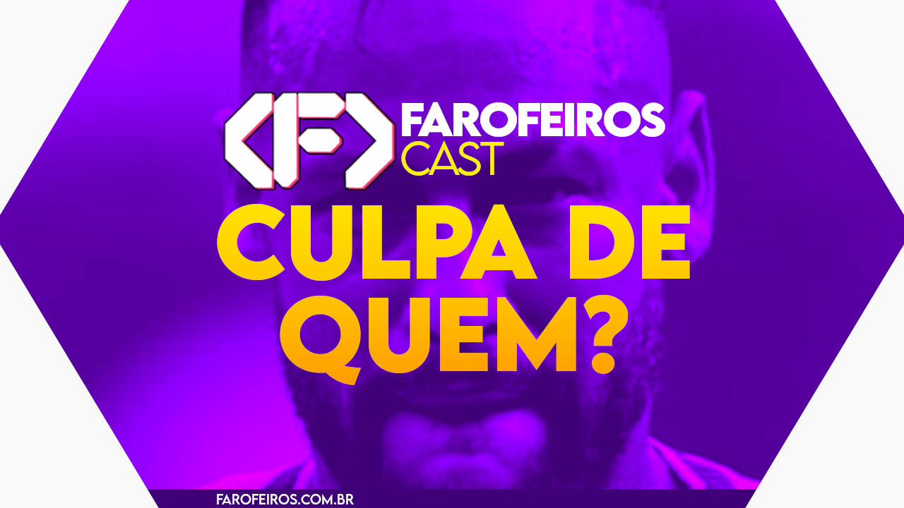 Capa do episódio 77 do Farofeiros Cast em um hexágono roxo e bordas brancas. No centro, o título do episódio em letras grandes amarelas e laranja: "CULPA DE QUEM?". Ao fundo se pode ver em tons de roxo com alto contraste foto em close up de Neymar chorando (mas ele está de pé aparentemente)