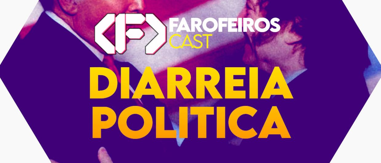 Capa do episódio 78 do Farofeiros Cast em um hexágono roxo e bordas brancas. No centro, o título do episódio em letras grandes amarelas e laranja: "DIARREIA POLÍTICA". Ao fundo uma foto de Donald Trump e Javier Milei se entre olhando de maneira apaixonada um no olho do outro de maneira afetuosa.