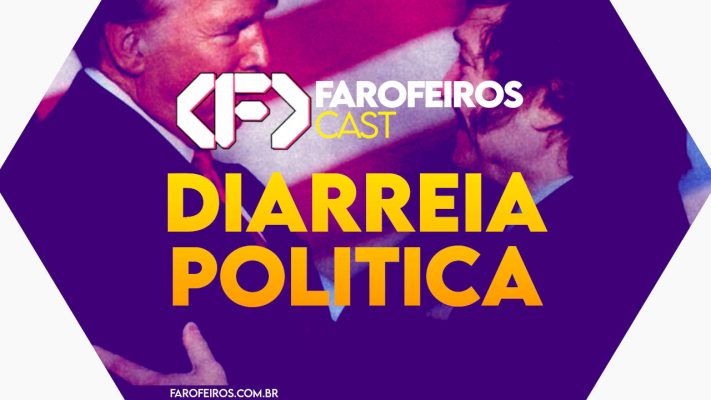 Capa do episódio 78 do Farofeiros Cast em um hexágono roxo e bordas brancas. No centro, o título do episódio em letras grandes amarelas e laranja: "DIARREIA POLÍTICA". Ao fundo uma foto de Donald Trump e Javier Milei se entre olhando de maneira apaixonada um no olho do outro de maneira afetuosa.
