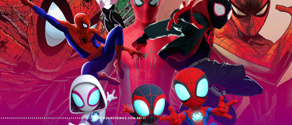 Diversas representações do Homem Aranha e seus amigos como nos quadrinhos na animação e no filme com Tom Holland. Na faixa inferior o endereço farofeiros.com.br.