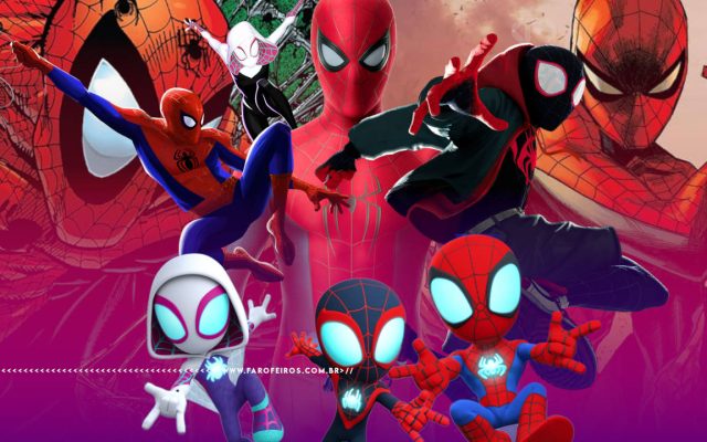 Diversas representações do Homem Aranha e seus amigos como nos quadrinhos na animação e no filme com Tom Holland. Na faixa inferior o endereço farofeiros.com.br.