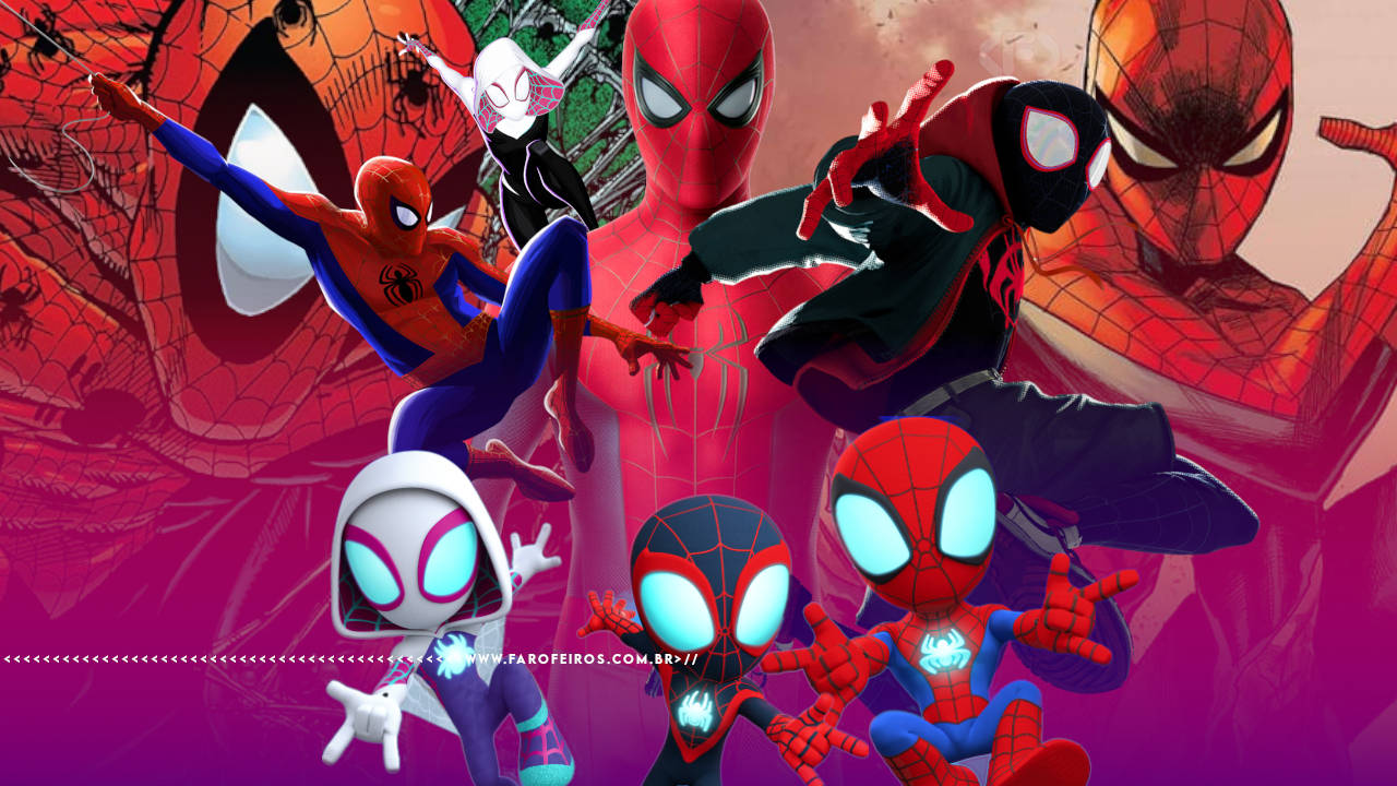 Diversas representações do Homem Aranha e seus amigos como nos quadrinhos na animação e no filme com Tom Holland. Na faixa inferior o endereço farofeiros.com.br.