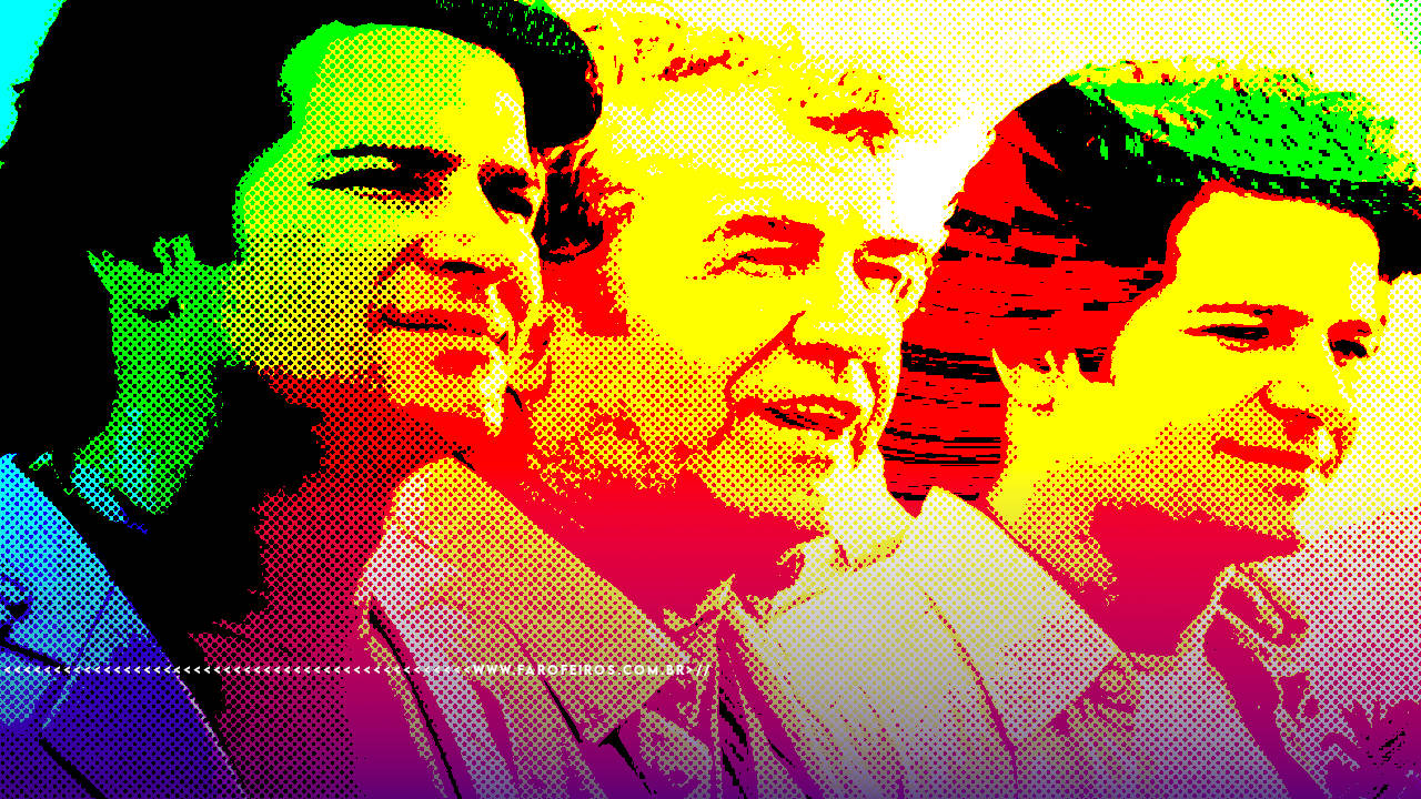 Doutor Albiere e os irmãos gêmesmo Lucas e Diogo da novela O Clone com imagem com efeito de super exposição com cores gritantes e efeito reticular.