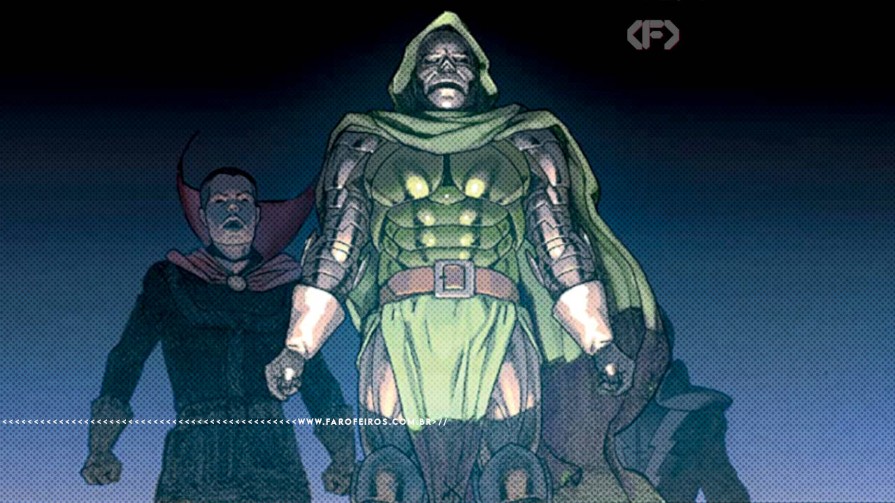Doutor Destino à frente de Doutor Estranho e Homem Molecular em enfrentamento contra os Beyonders. Na faixa inferior o endereço farofeiros.com.br.